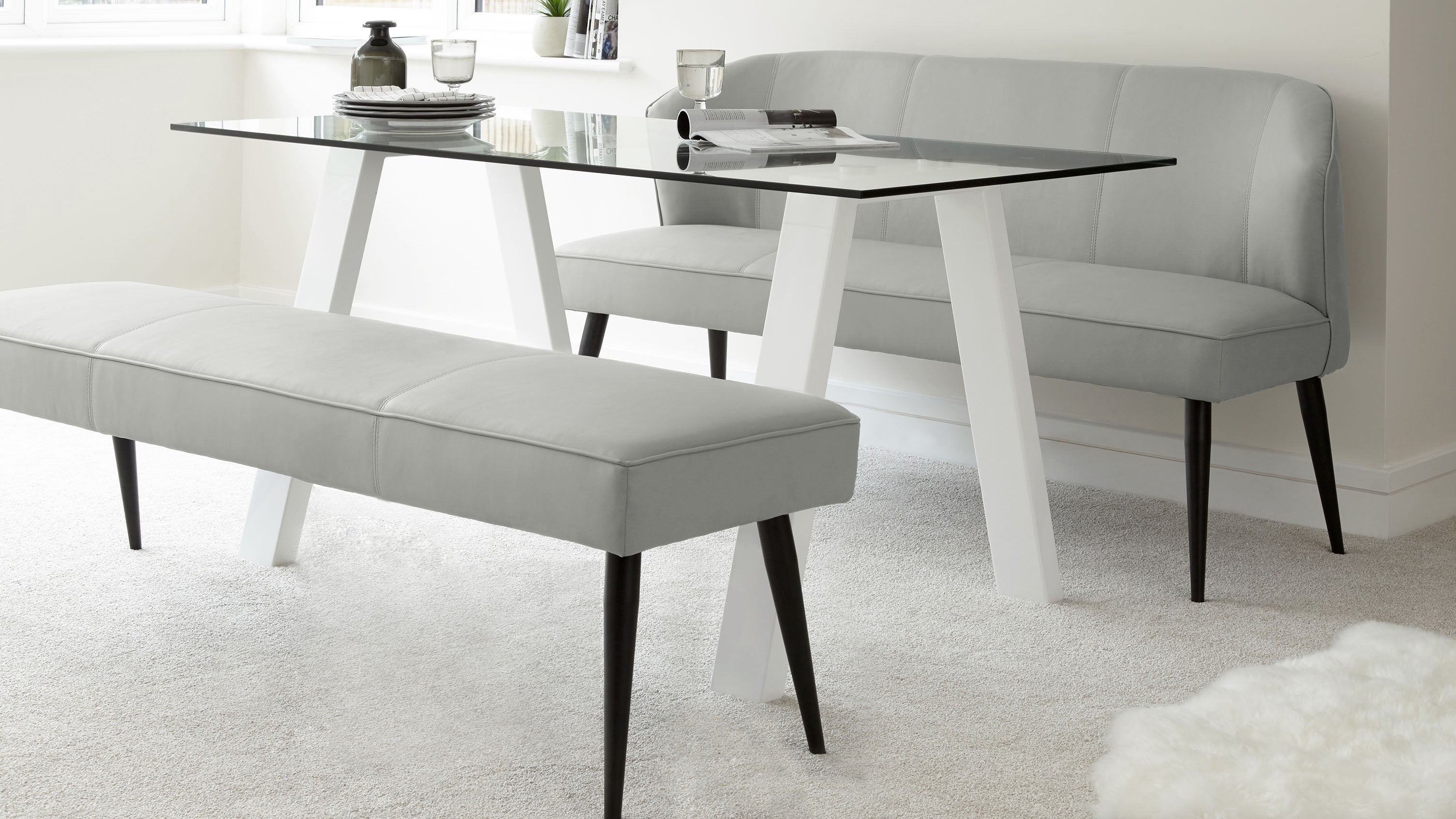 White Glass and Gloss Dining Table and Leather Bench Set Danetti