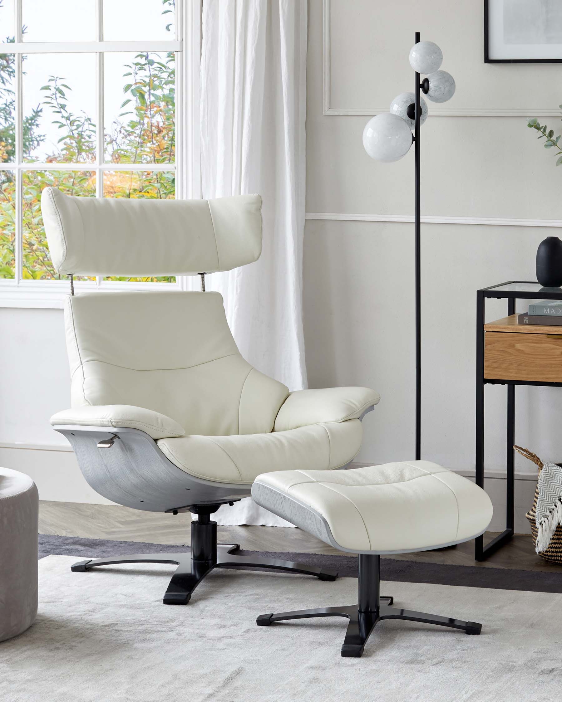 Karma White Leather Armchair Recliner and Footstool