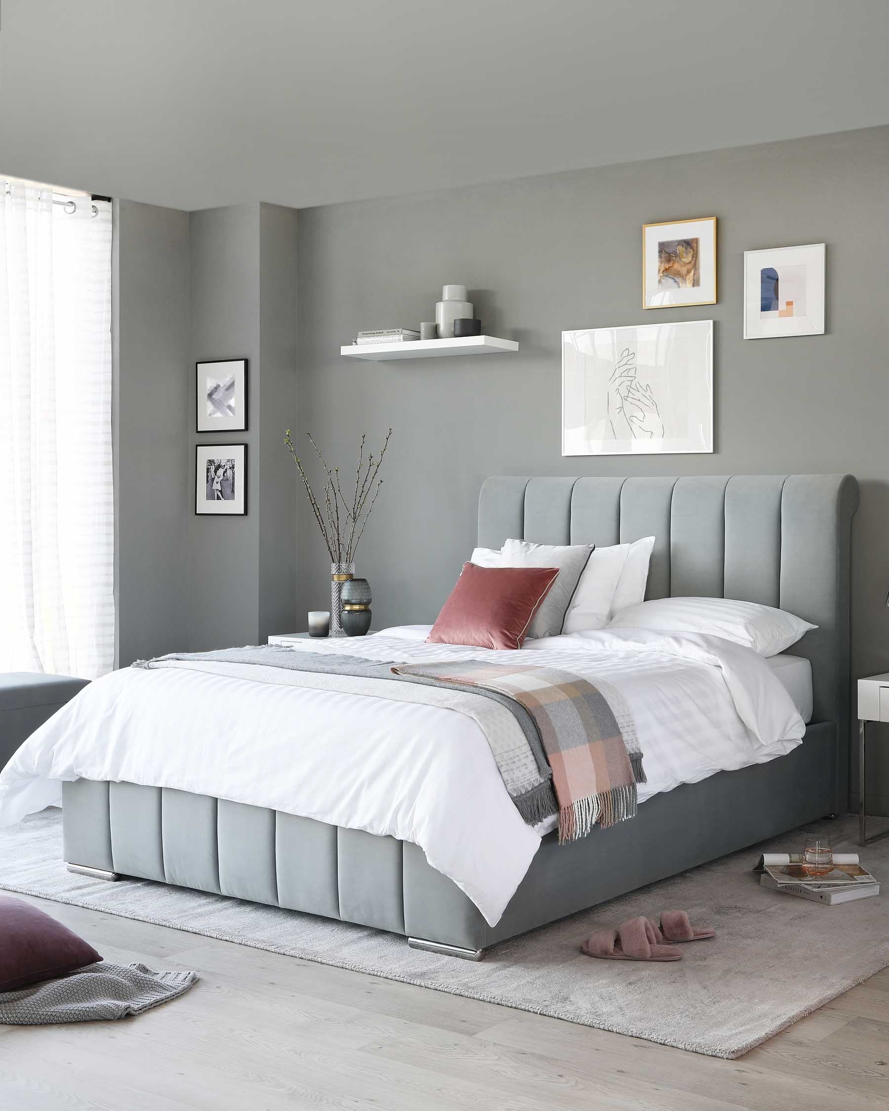 Pillow Back Velvet Bed - Double (135cm) - Grey