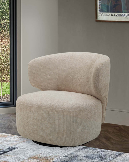 Modern beige swivel chair with a curved back and cushioned seat, set against a neutral wall and natural light.