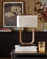 Sanza natural linen and brushed bronze table lamp