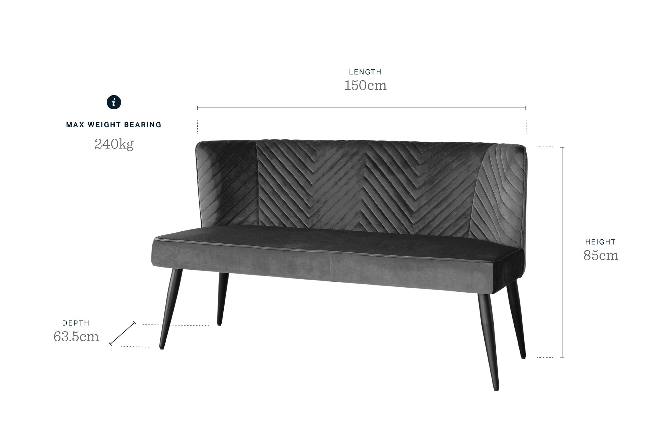 Serena Blue Grey Velvet 3 Seater Dining Bench with Backrest