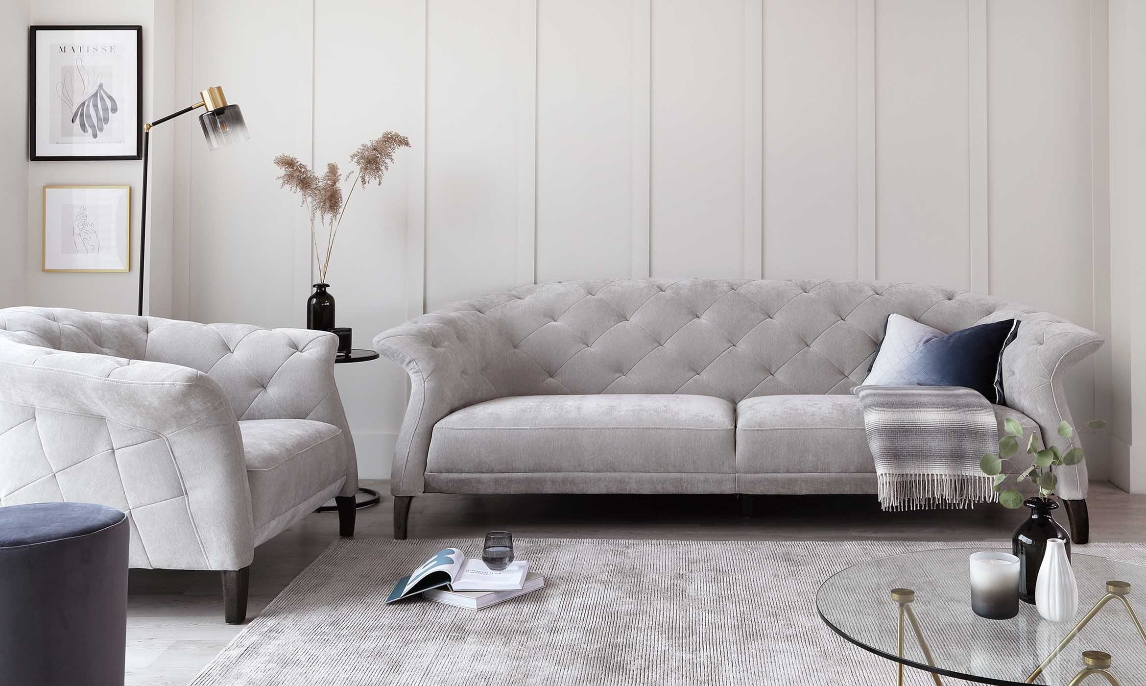 Luxe Large 3 Seater Light Grey Fabric Chesterfield Sofa