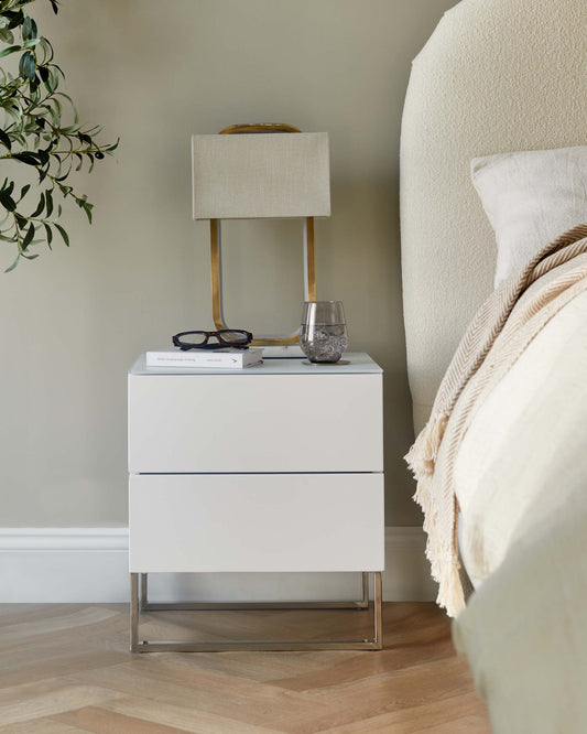 Benton White 2 Drawer Bedside Table With Chrome Legs