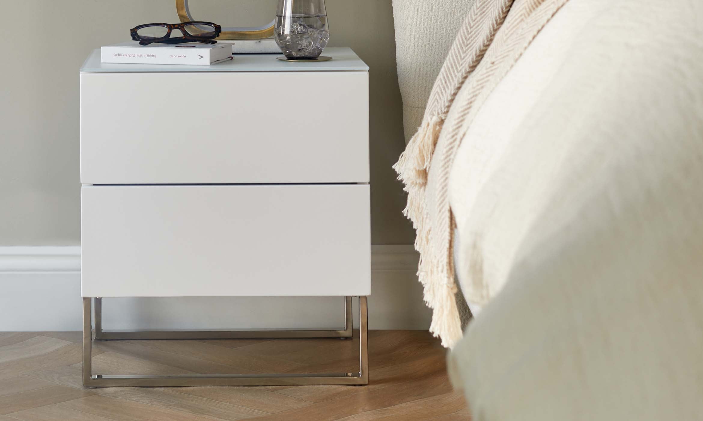 Benton White 2 Drawer Bedside Table With Chrome Legs