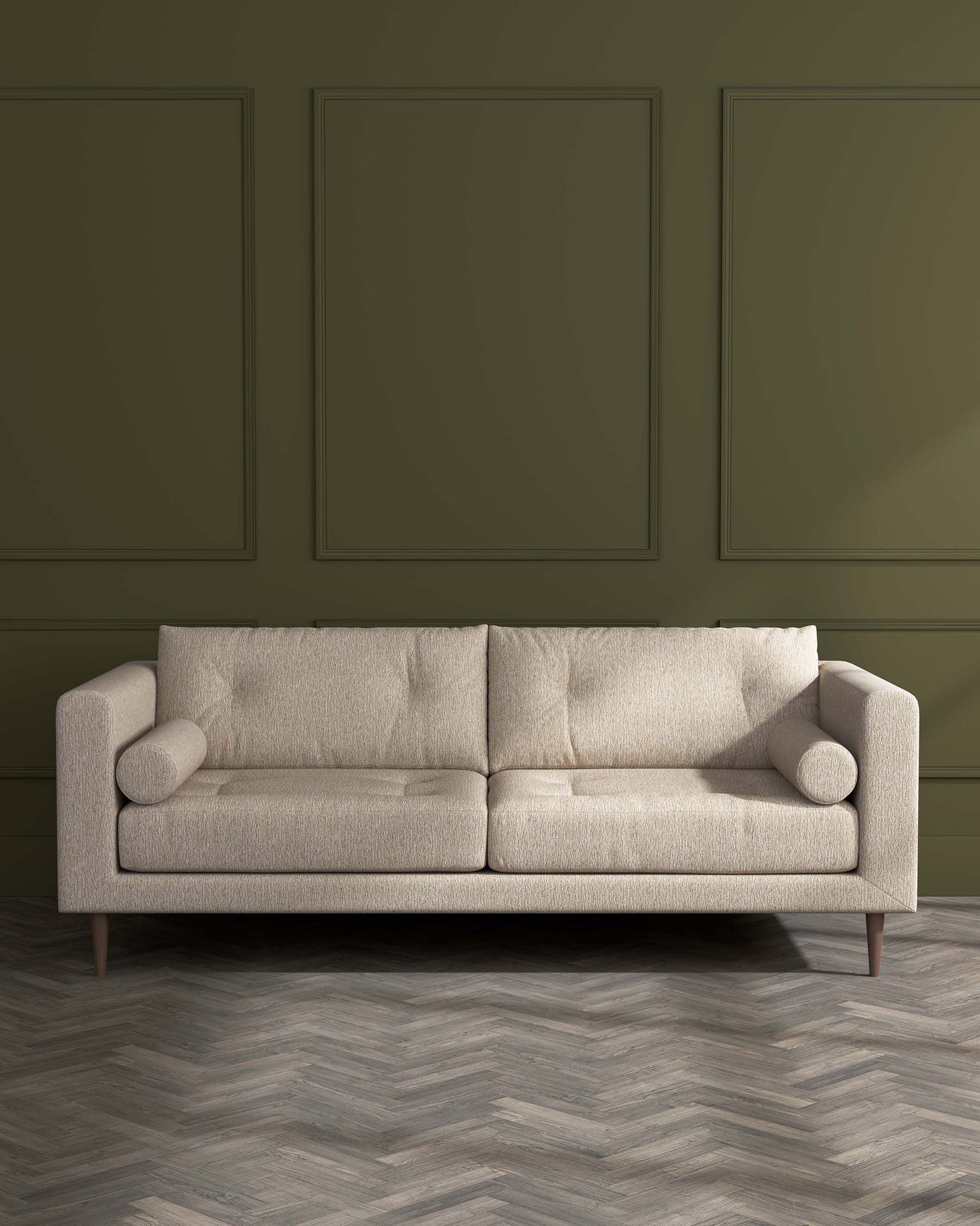 Modern beige fabric sofa with clean lines and cylindrical bolster pillows, set against a dark green wall with panel detailing, standing on a herringbone patterned wooden floor.