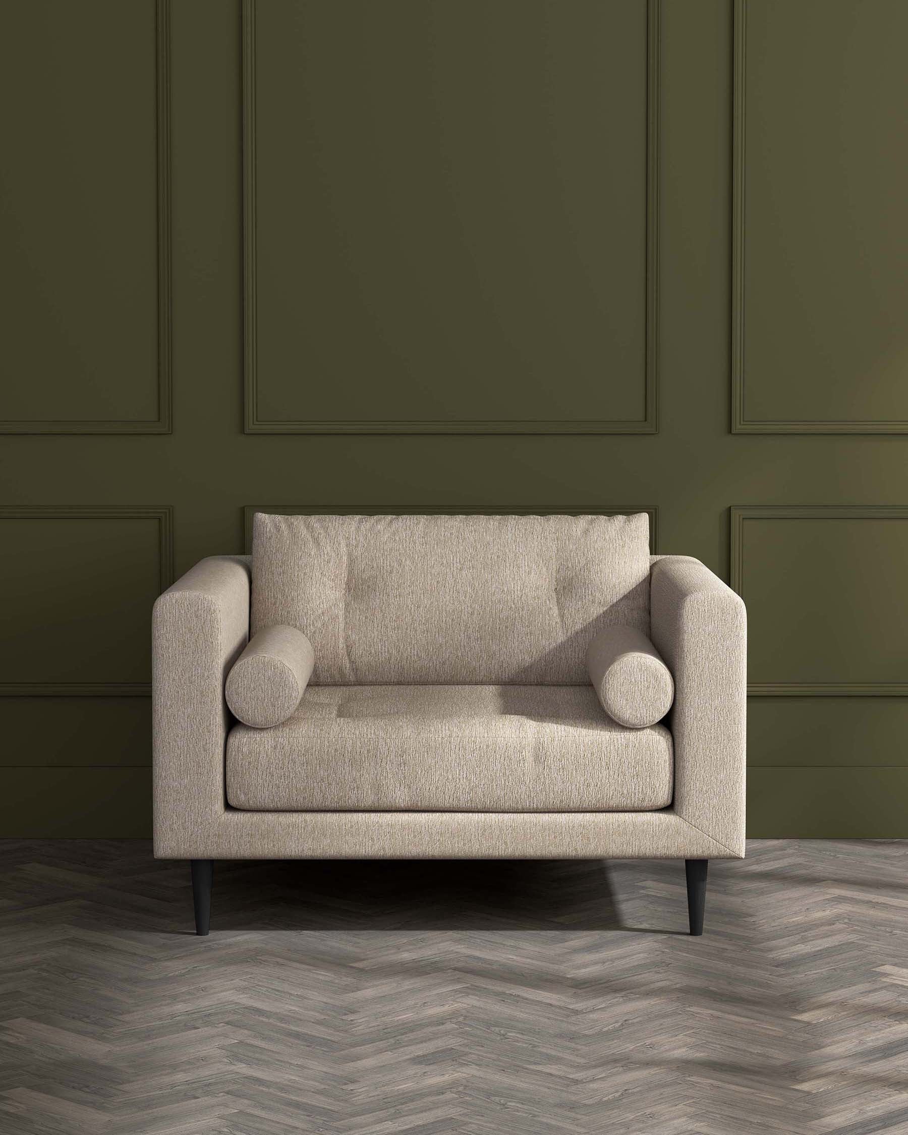 Modern two-seater sofa with a textured beige upholstery and minimalist dark wooden legs, set against an olive green panelled wall on a herringbone parquet floor.