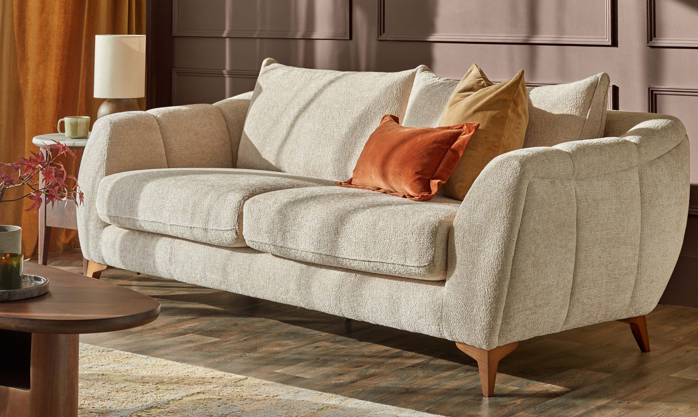 Genevieve natural weave 3 seater sofa with wooden leg