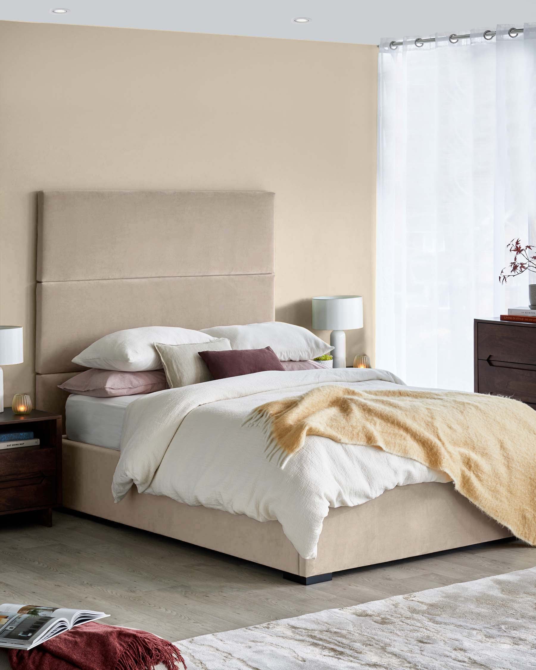 Elegant bedroom set featuring a soft upholstered bed with layered bedding, stylish bedside lamps, and a wooden nightstand.