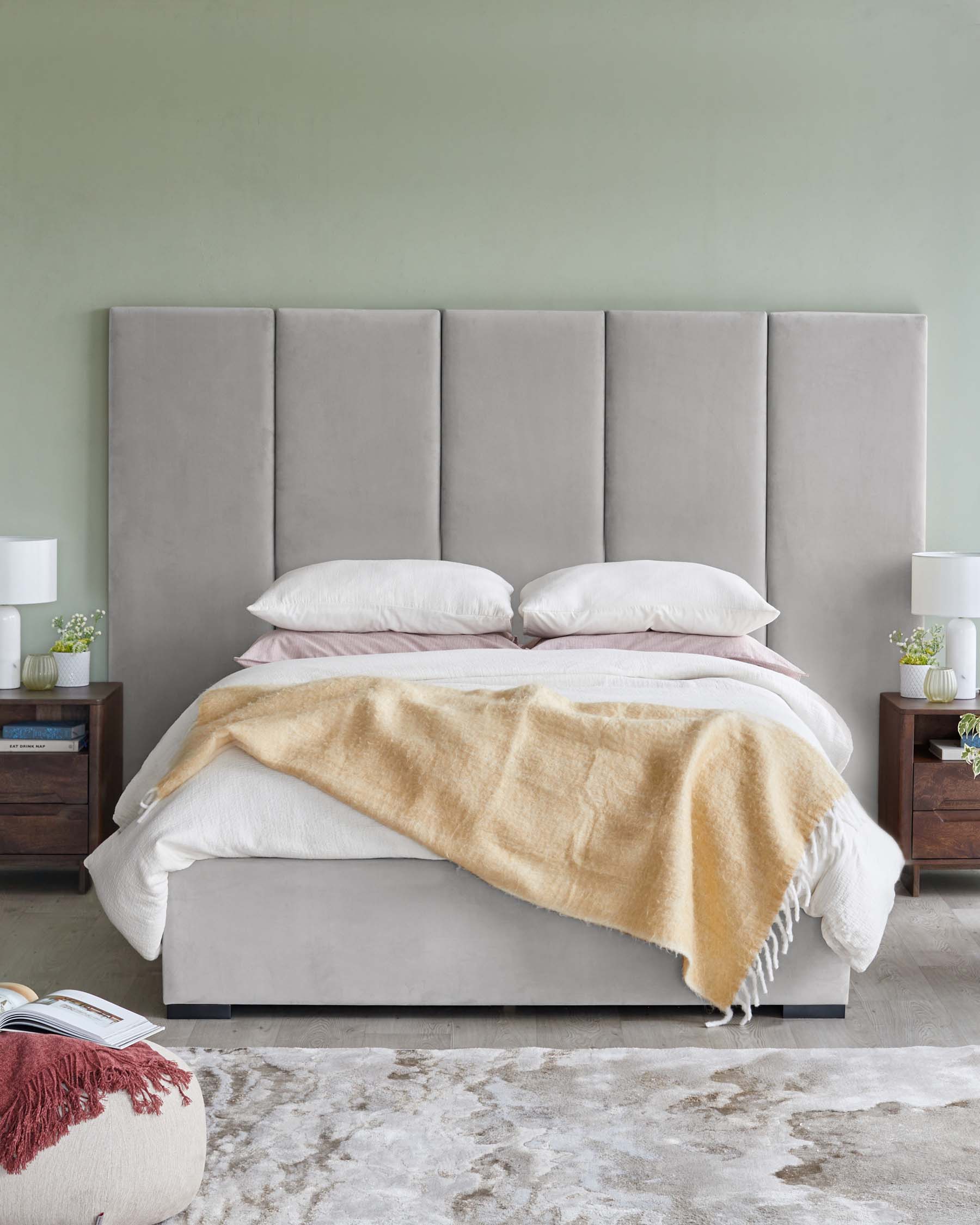 Elegant bed with a tall gray upholstered headboard, creamy linens, wooden nightstands, and decorative accessories.