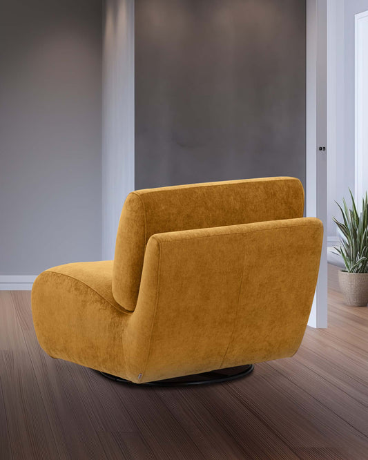 A stylish yellow swivel armchair with a sleek, modern design, set against a neutral wall and wooden flooring.