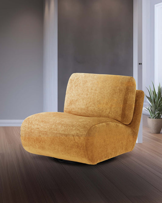 A sleek, modern yellow swivel chair with a plush fabric and curved design, set against a neutral backdrop.