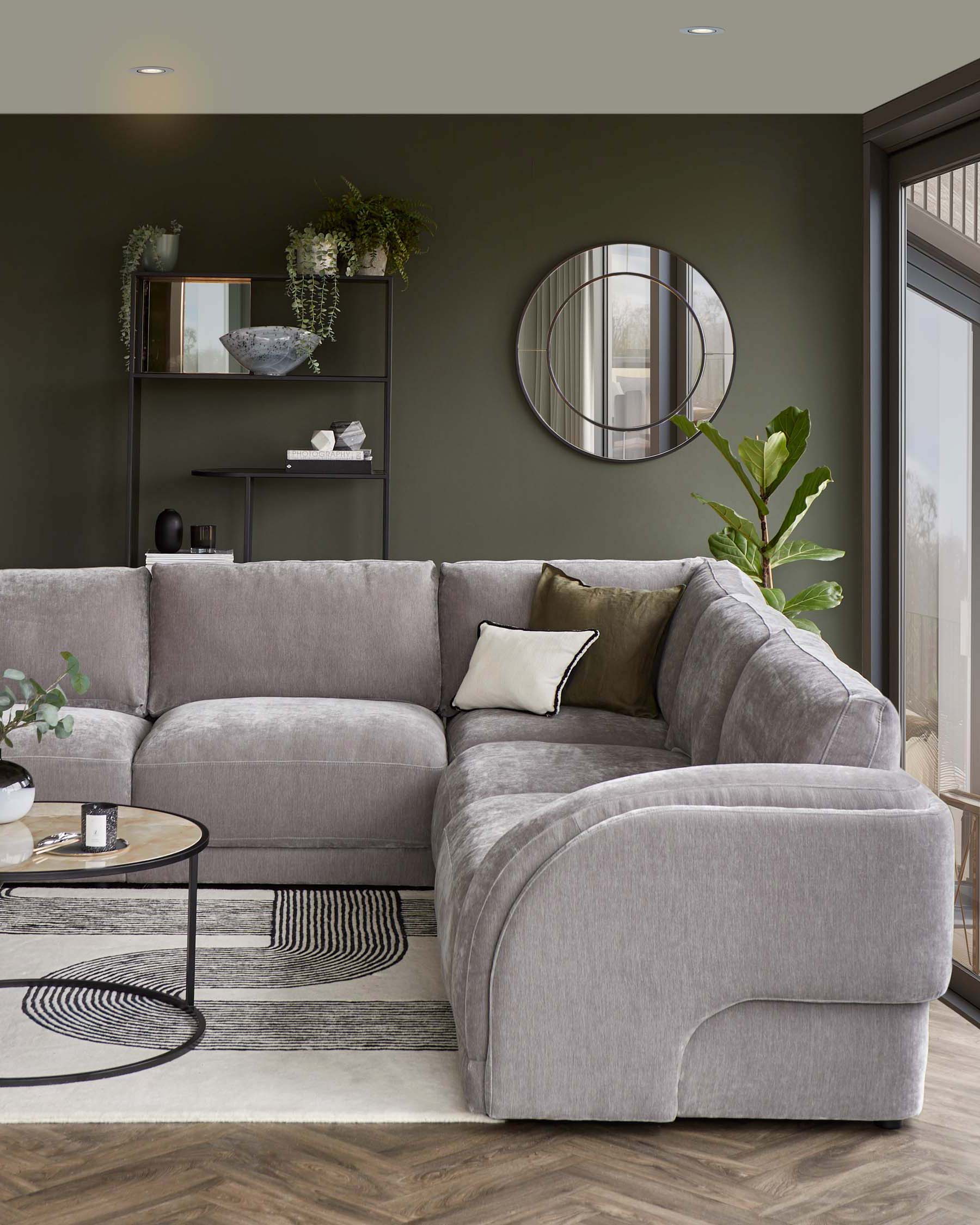 A stylish gray sectional sofa, modern round coffee table, and decorative shelving with plants and a mirror against a dark green wall.