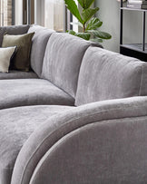 Contemporary grey upholstered sectional sofa with plush cushions and rounded edges, paired with a leafy indoor plant.