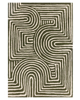 Contemporary area rug with a geometric, abstract maze-like pattern in shades of olive green and ivory.