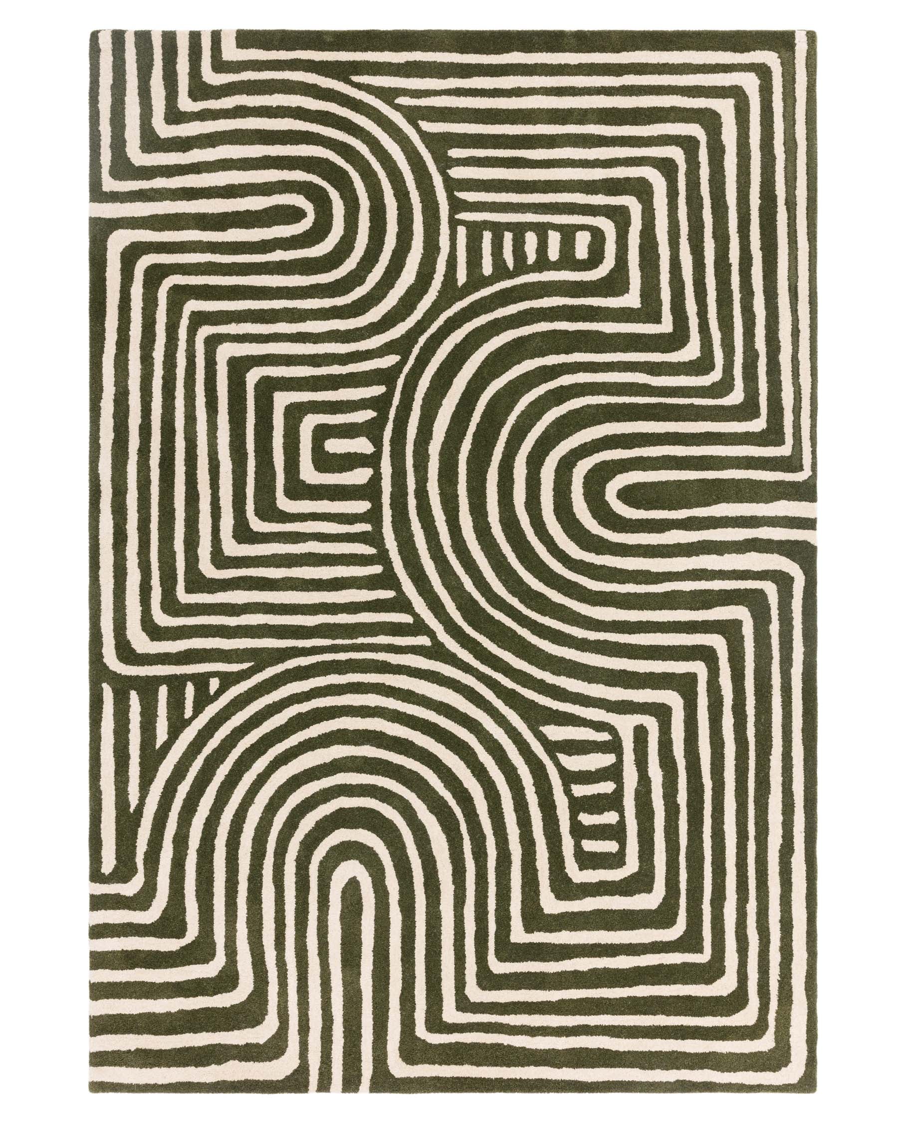 Contemporary area rug with a geometric, abstract maze-like pattern in shades of olive green and ivory.