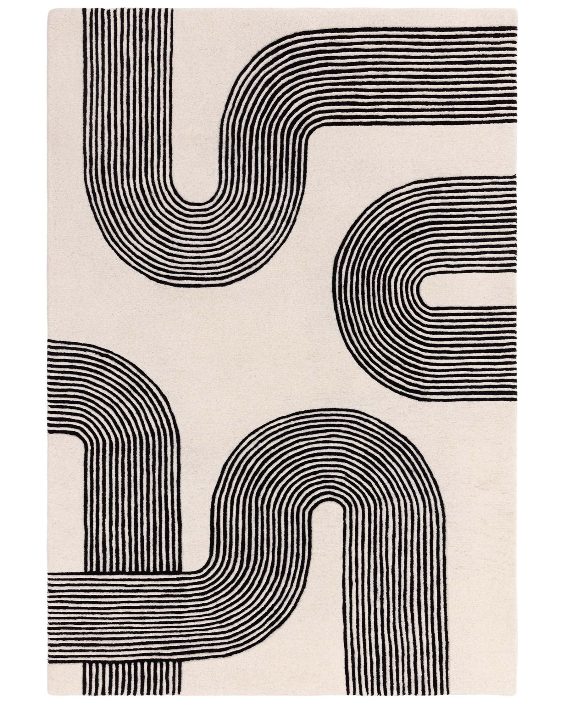 Contemporary area rug with abstract, wavy black lines on a beige background, creating a dynamic and flowing pattern.