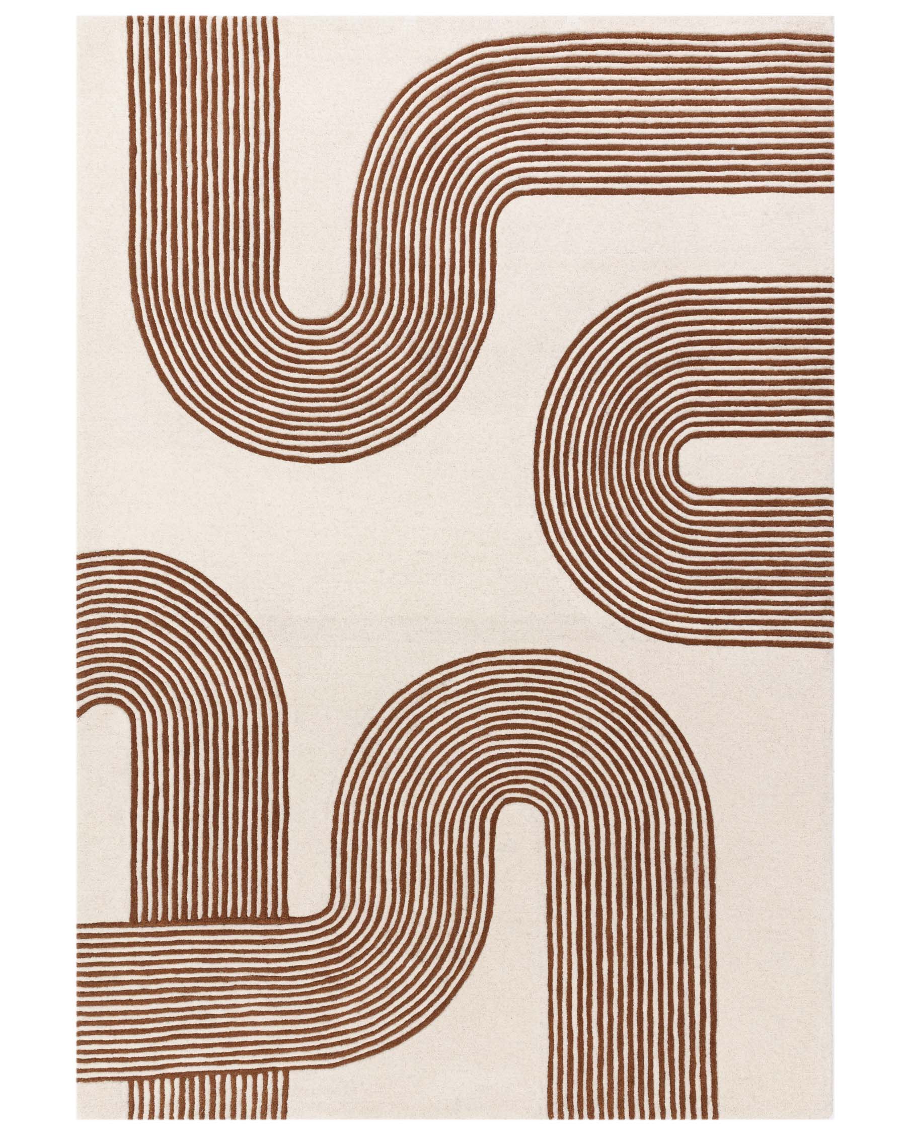 Contemporary area rug with abstract, undulating ribbon pattern in brown on a beige background.