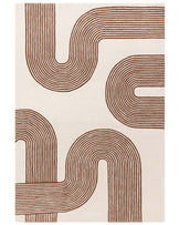 Contemporary area rug with an abstract line pattern in brown on a cream background.