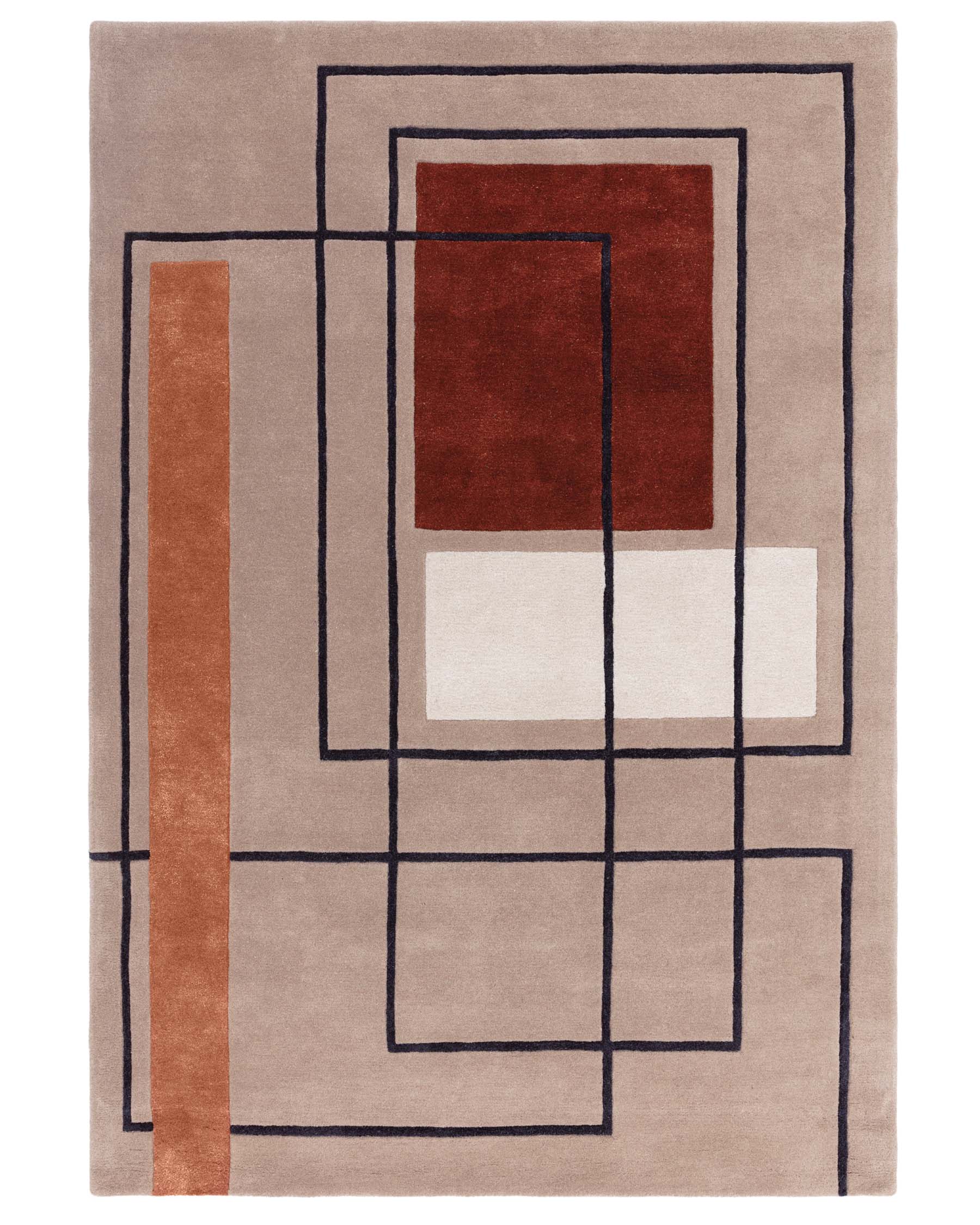 Contemporary area rug featuring a geometric pattern with overlapping rectangles and squares in shades of beige, brown, rust, and a deep red accent, on a light neutral background.