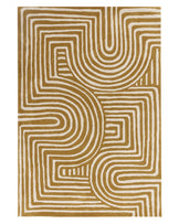 Contemporary area rug with a geometric pattern of concentric lines in beige and white tones.