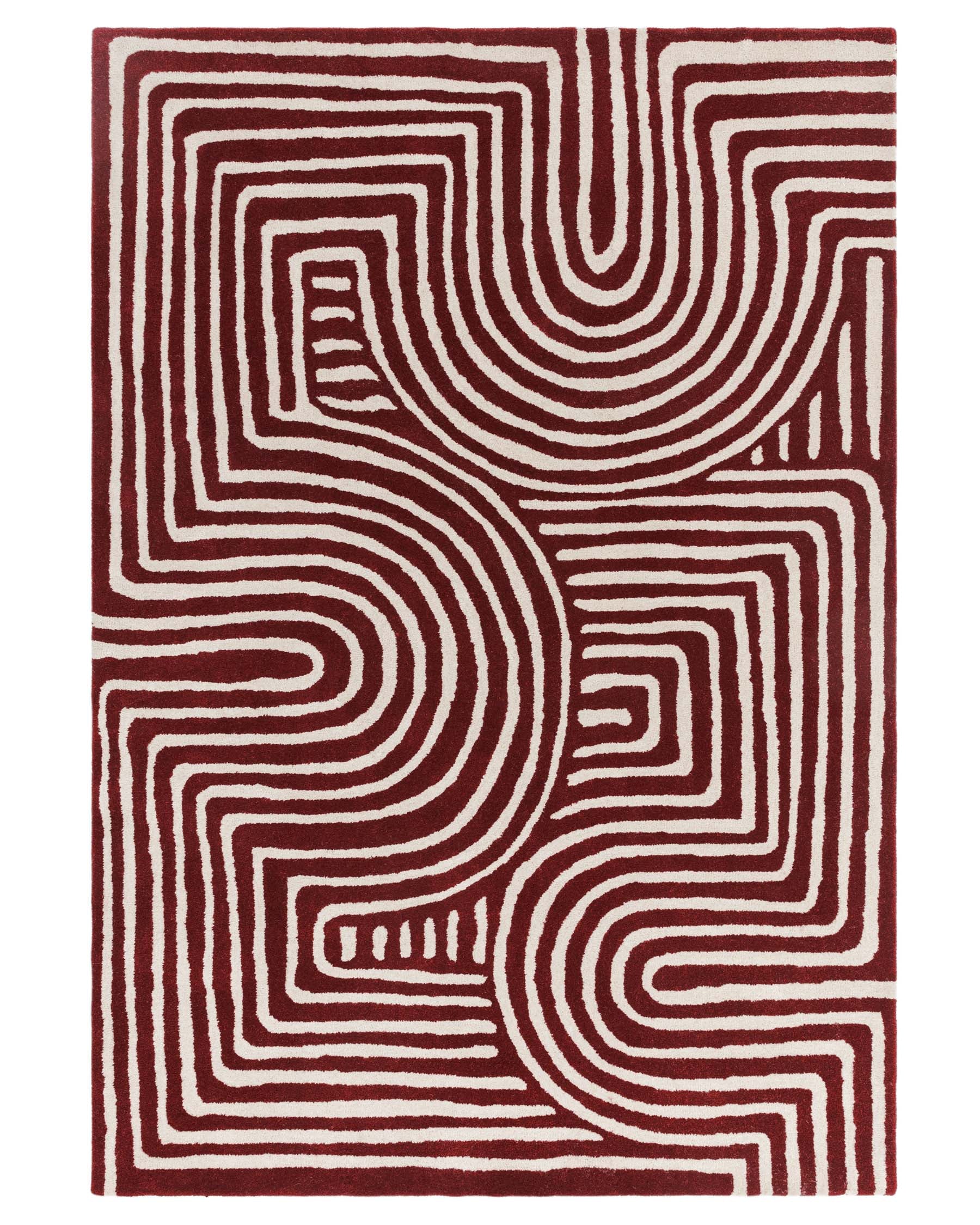 Contemporary area rug with a striking geometric pattern featuring concentric lines and optical illusion-like curves in shades of red and beige. The design offers a modern aesthetic suitable for various interior styles.