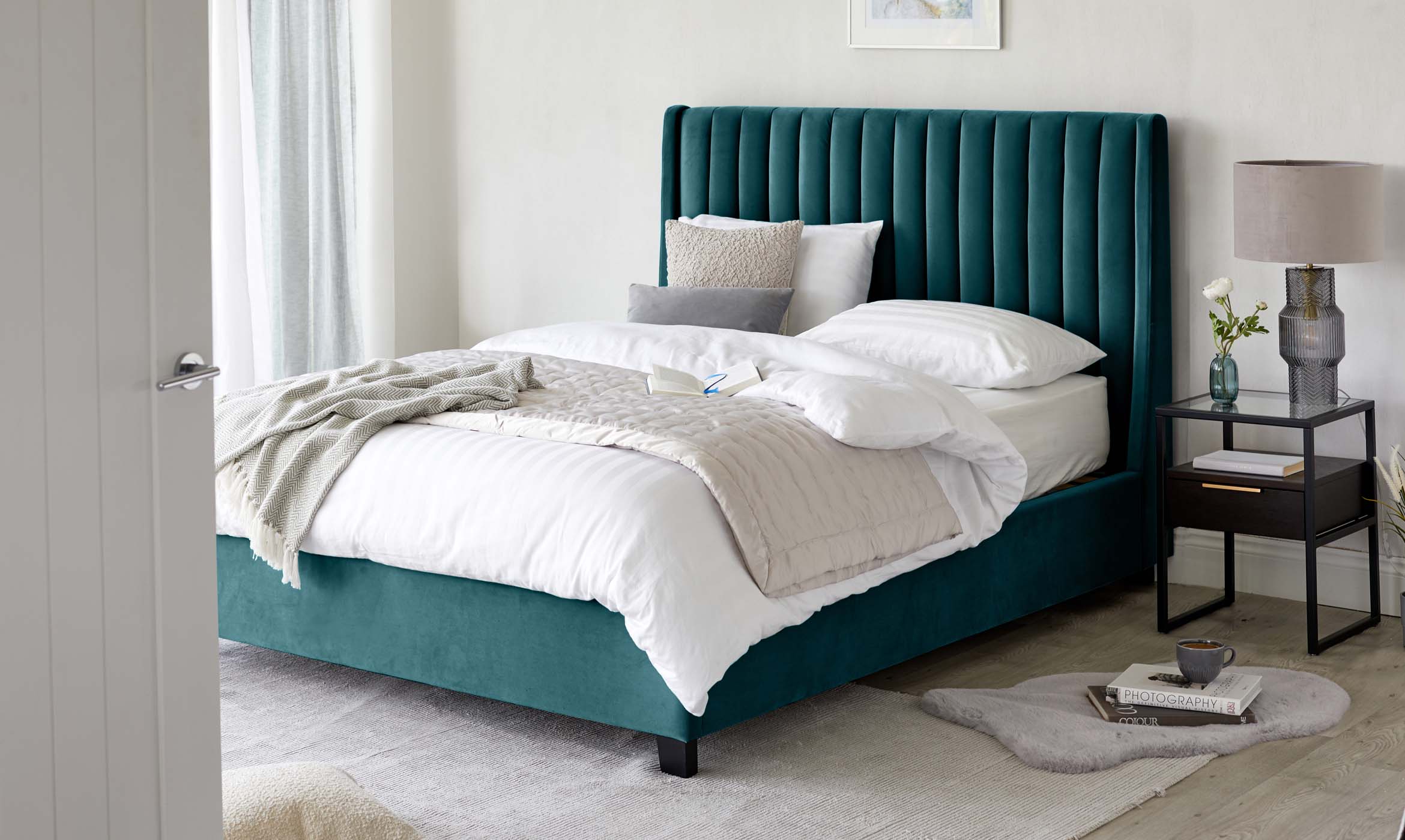 Amalfi Dark Teal Velvet King Size Ottoman Storage Bed