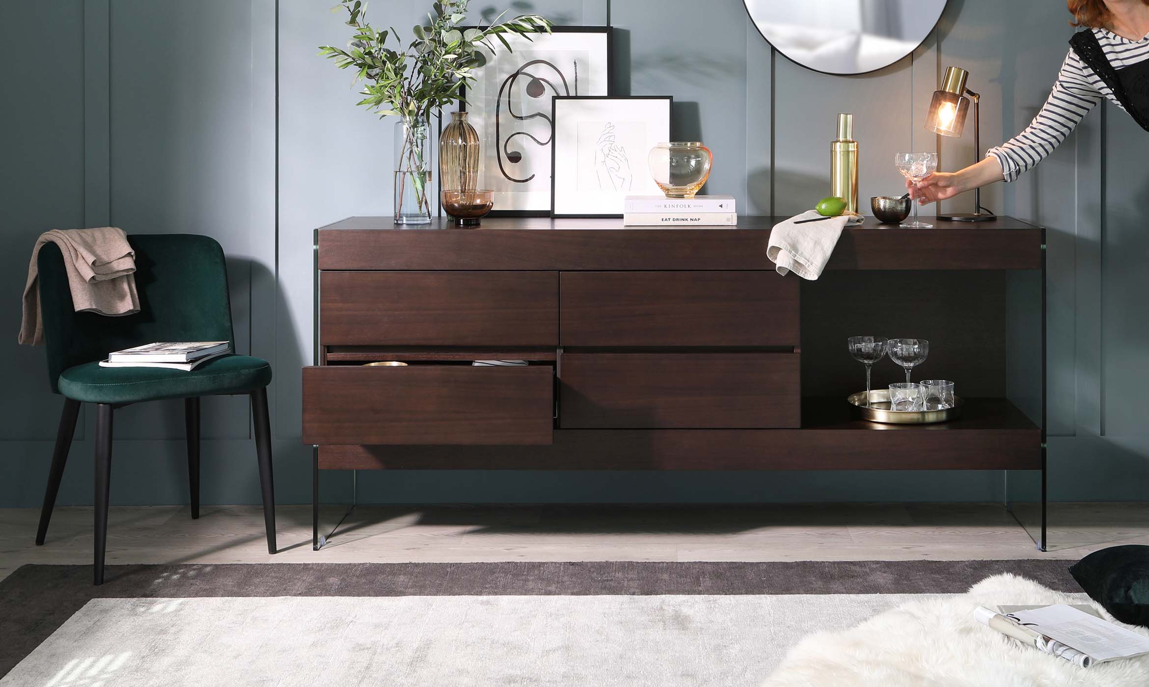 Aria Dark Walnut And Glass Large Sideboard