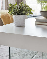 A sleek white table showcases a textured pot with greenery, stacked books, and a stylish bowl, enhancing modern decor.