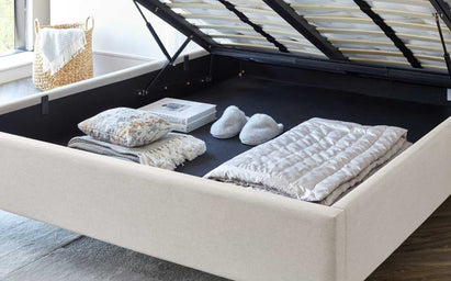 Avery Cream Fabric King Size Ottoman Storage Bed