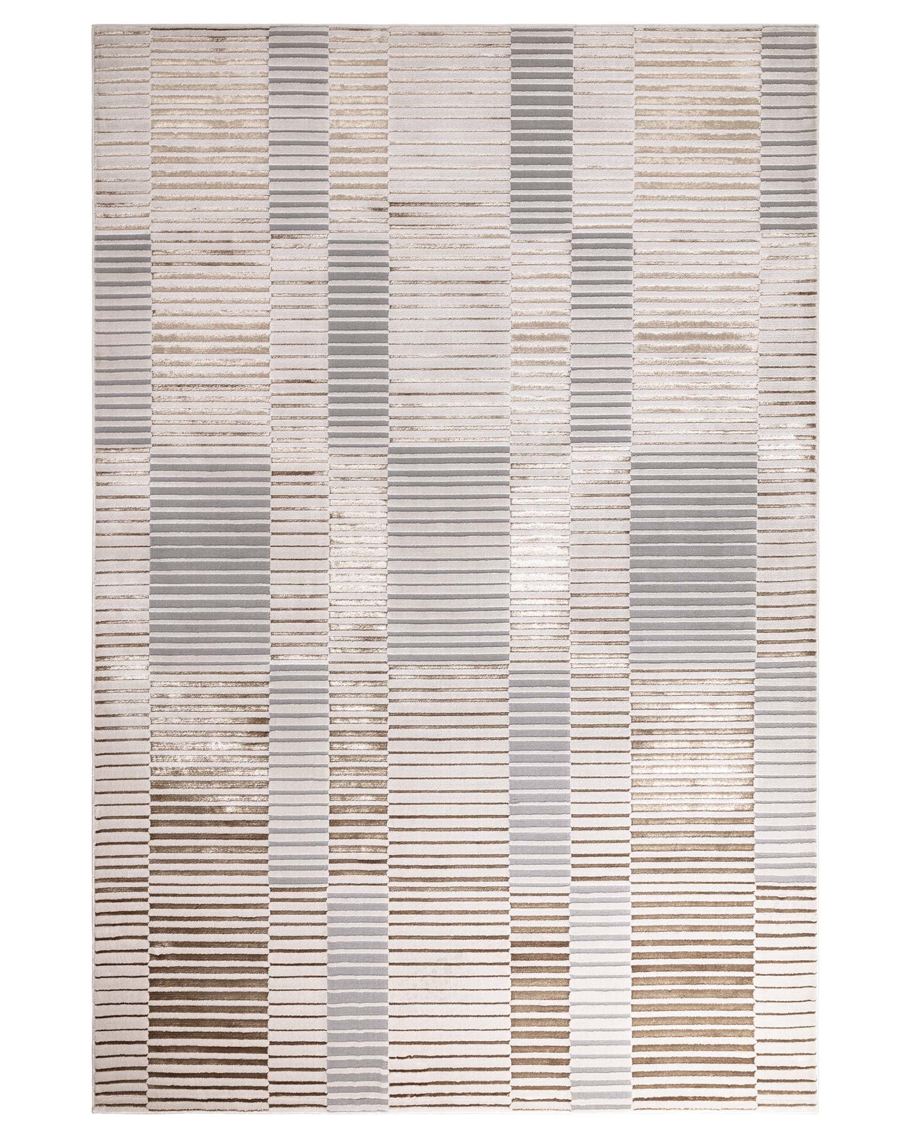 Contemporary area rug featuring a linear pattern with varying shades of beige, taupe, and grey, creating a textured look suitable for modern interiors.