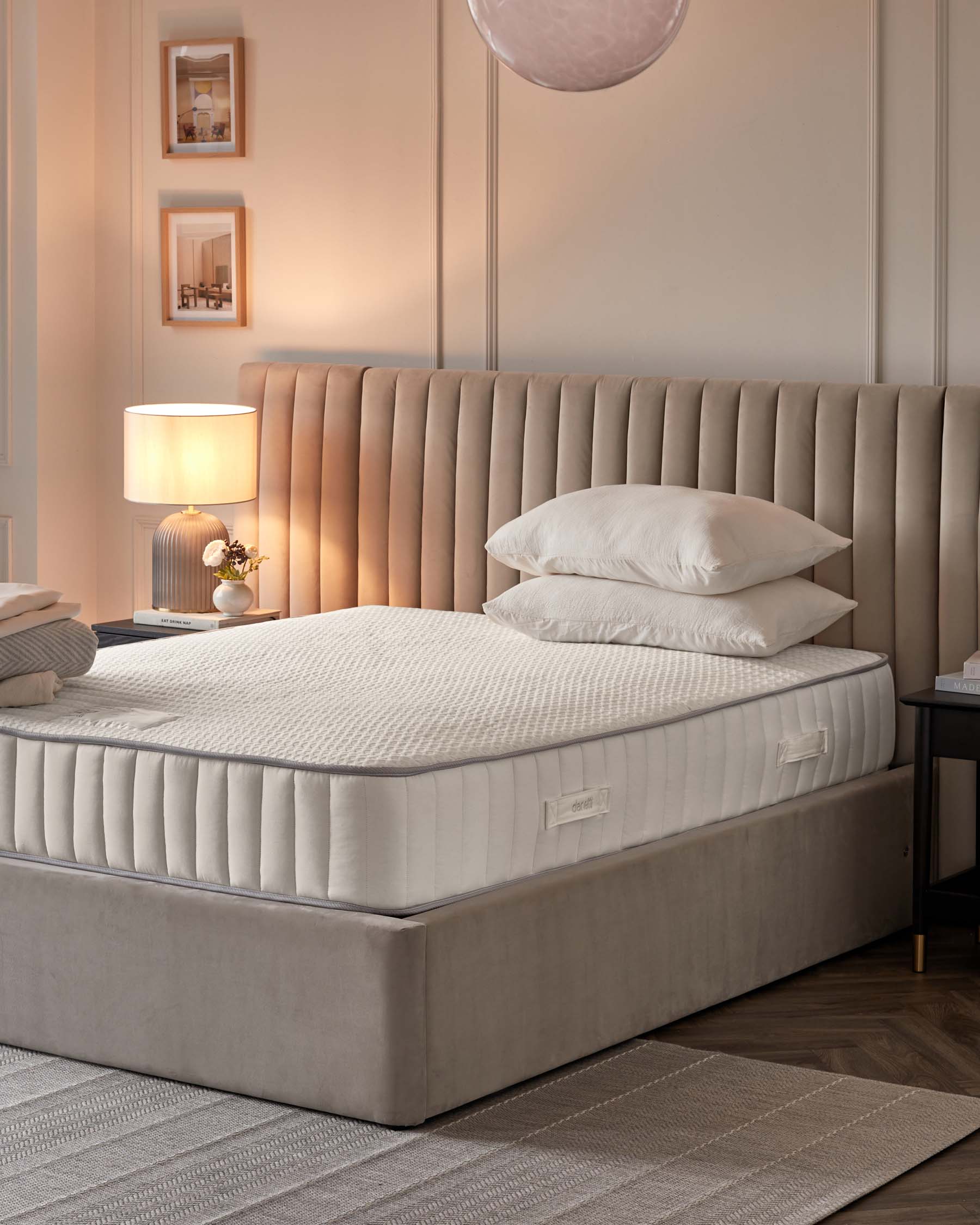 Elegant bedroom featuring a tufted beige headboard, plush mattress, decorative pillows, a bedside lamp, and modern nightstand.