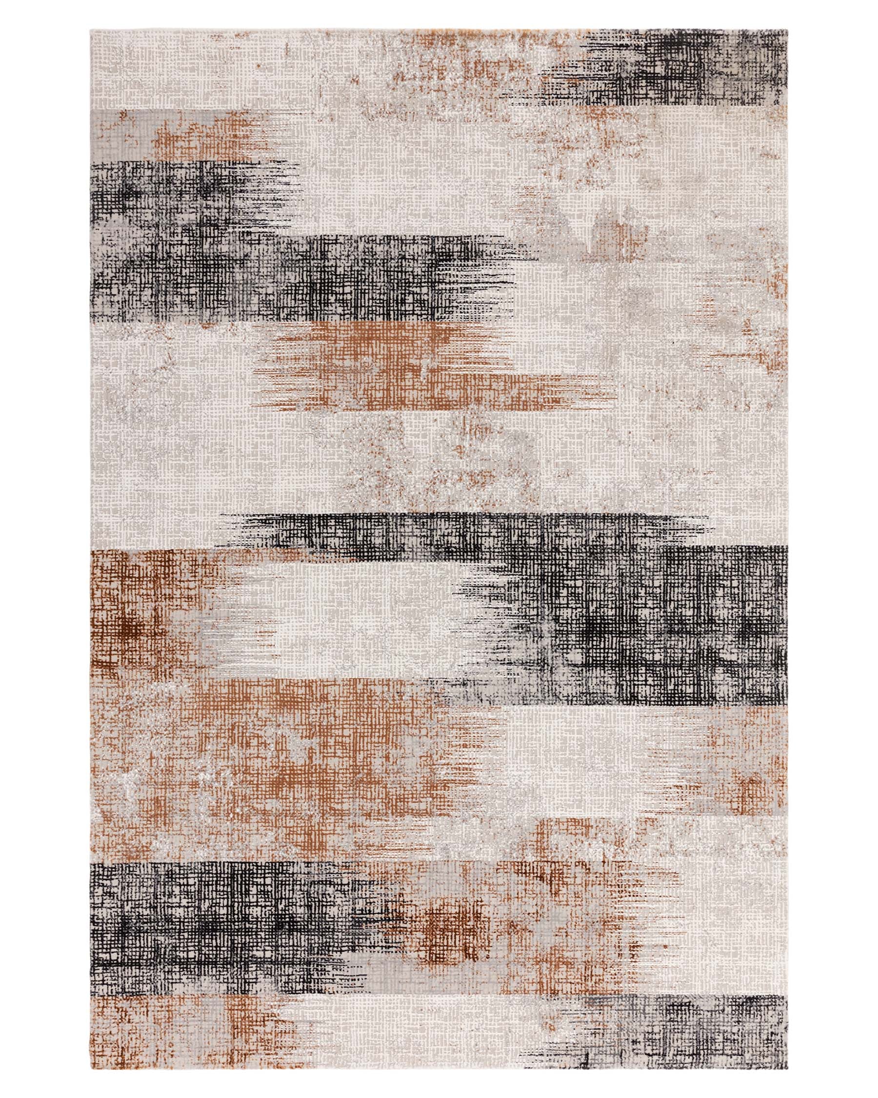 Modern area rug with an abstract design featuring horizontal brushstroke patterns in shades of black, brown, beige, and white, creating a distressed, textured appearance. Ideal for contemporary room settings.