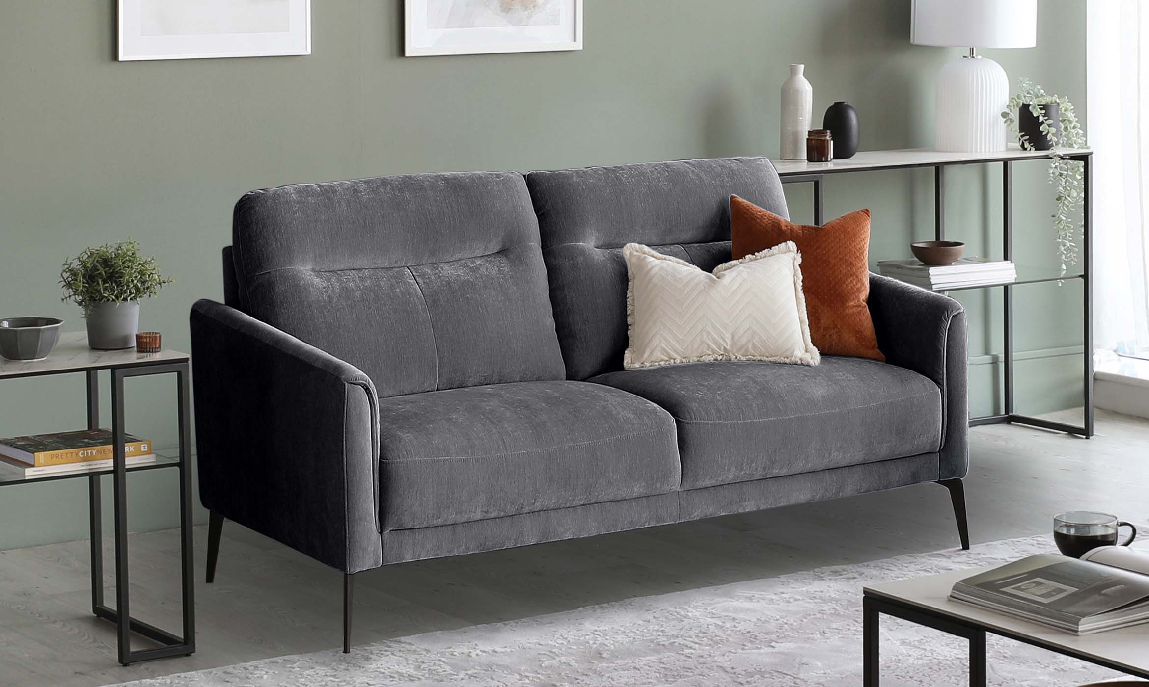 Brooks Dark Grey Fabric Pleat 2 Seater Sofa