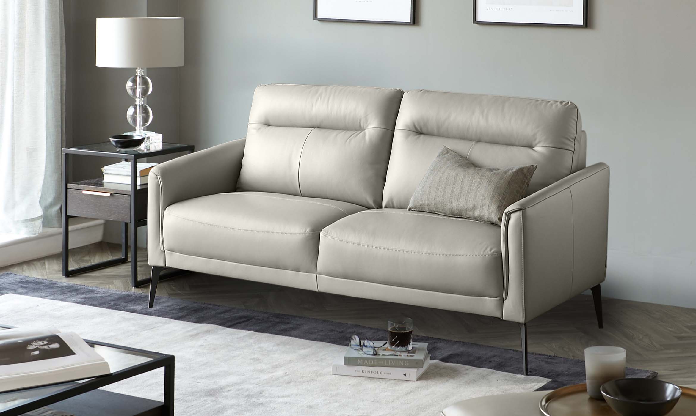 Brooks Light Grey Leather 2 Seater Sofa