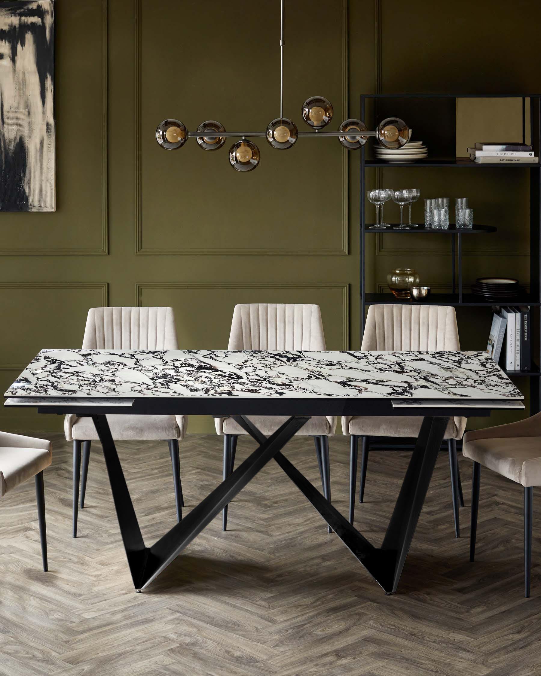 Modern dining table with a black marble top and geometric base, complemented by sleek, upholstered chairs in neutral tones.