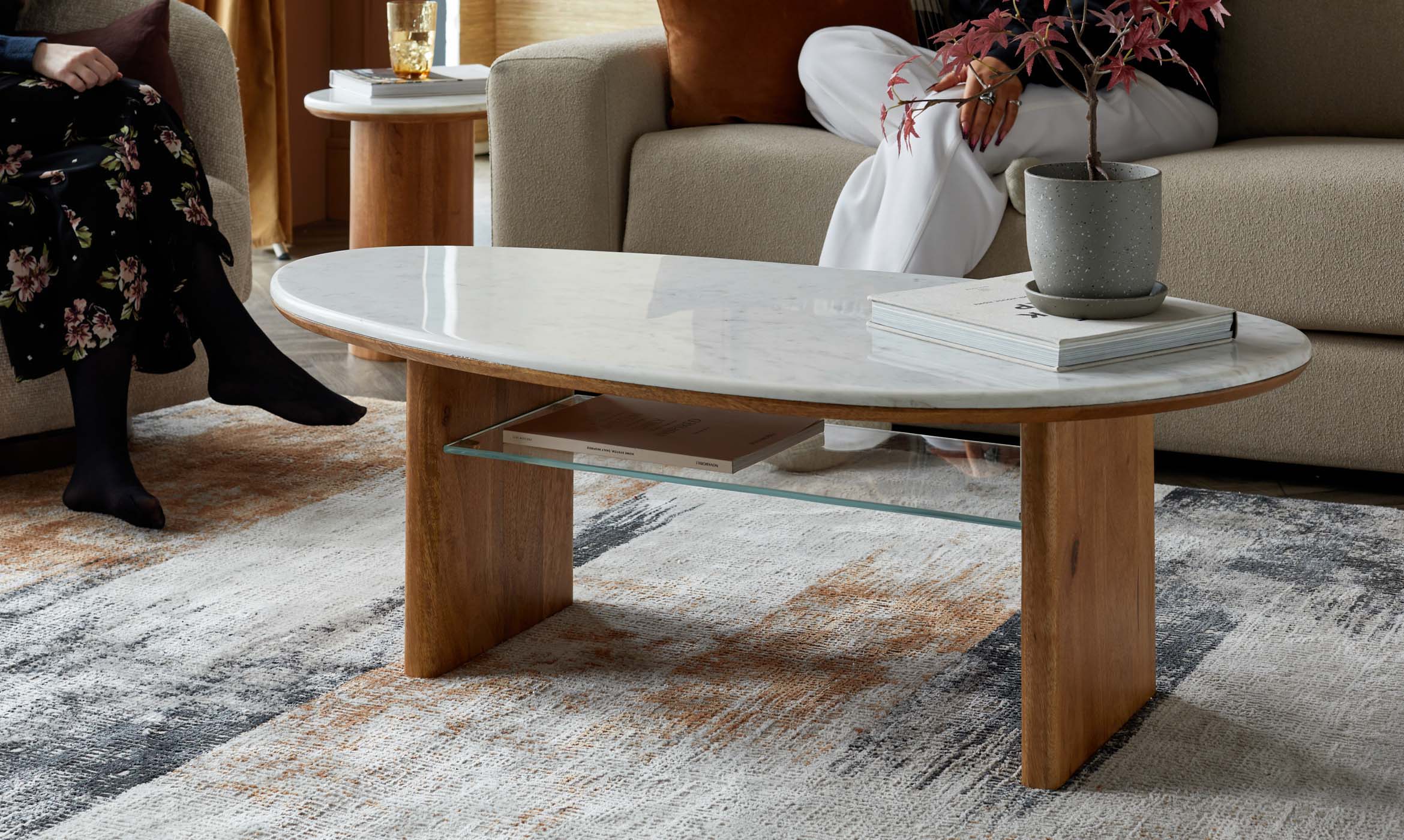 Cara light mango wood with marble top side table