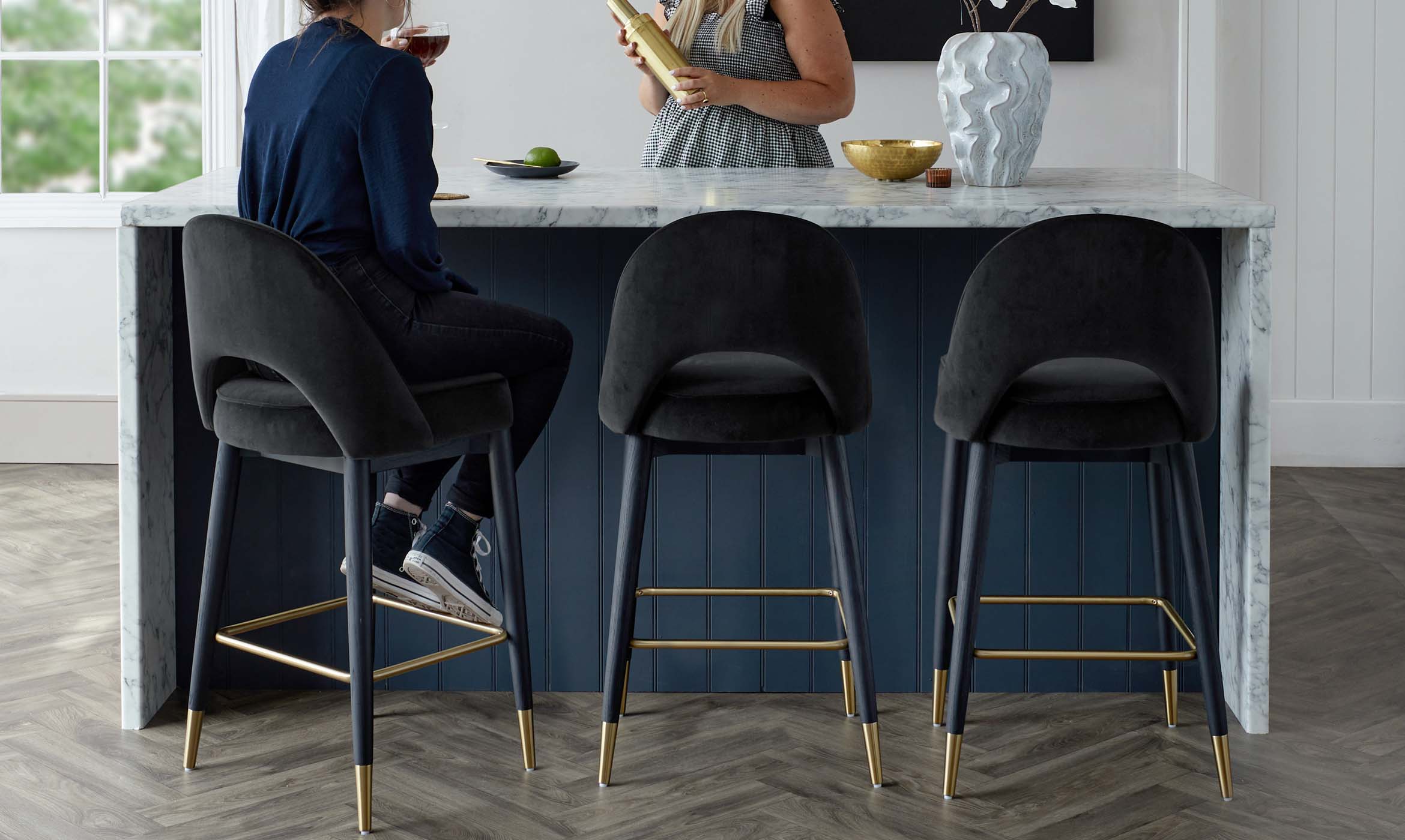 Clover Black Velvet & Brass Bar Stool