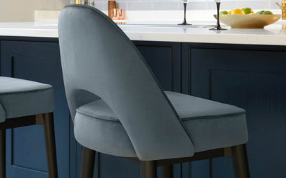 Clover Black Wood with Stainless Steel Caps Bar Stool in Blue Grey Plush Velvet