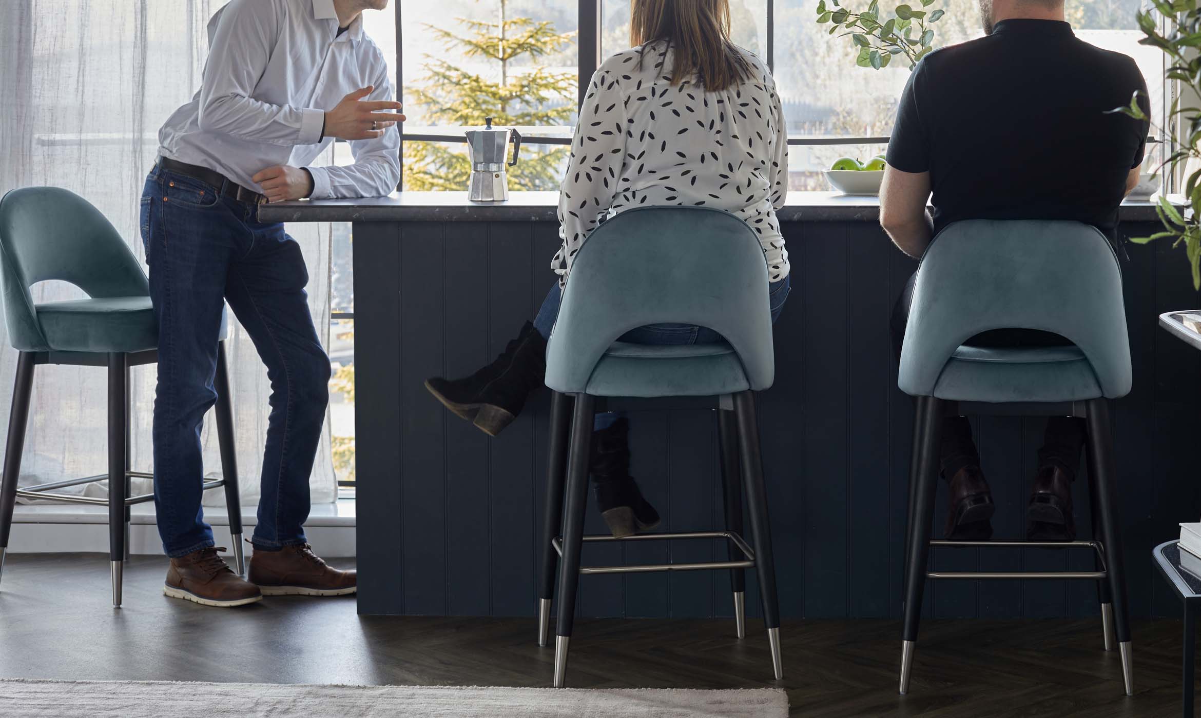 Clover Black Wood with Stainless Steel Caps Bar Stool in Blue Grey Plush Velvet