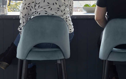 Clover Black Wood with Stainless Steel Caps Bar Stool in Blue Grey Plush Velvet