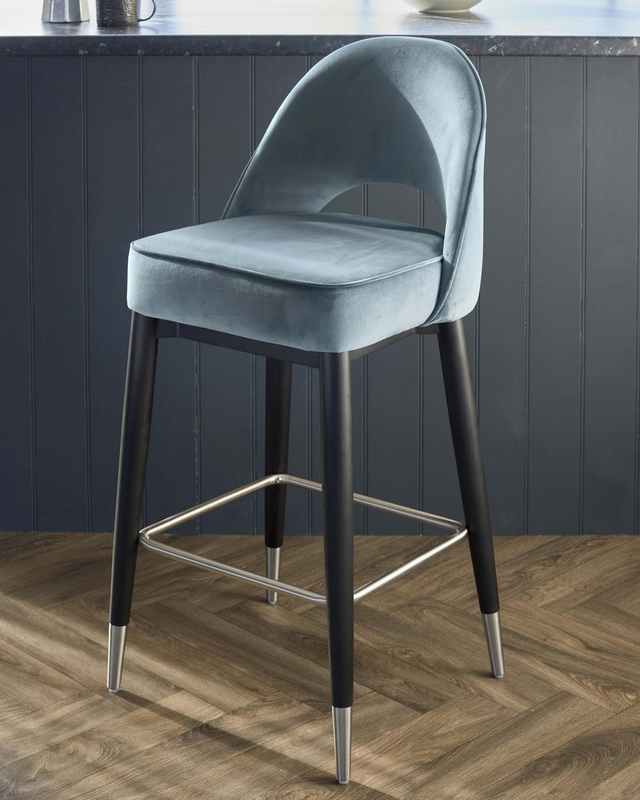 Clover Black Wood with Stainless Steel Caps Bar Stool in Blue Grey ...