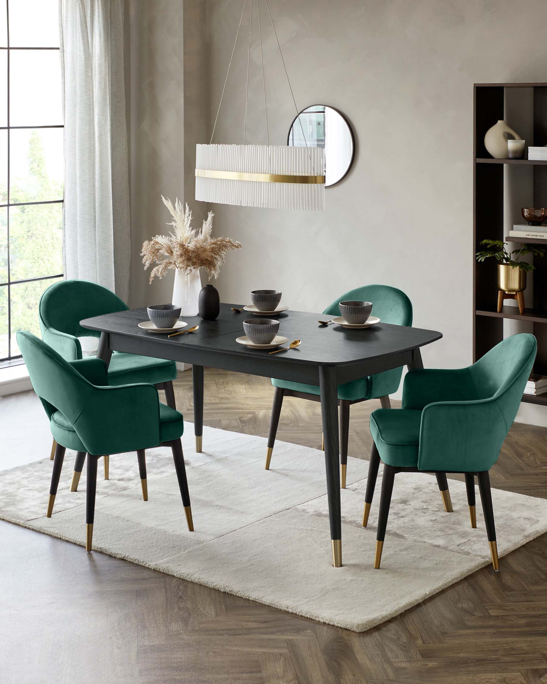 Elegant dining set featuring a dark wooden table, four green velvet chairs with gold accents, and a modern light fixture above.