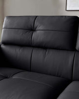 Stylish black leather sofa with a plush, padded backrest and seamless, modern design for contemporary living spaces.