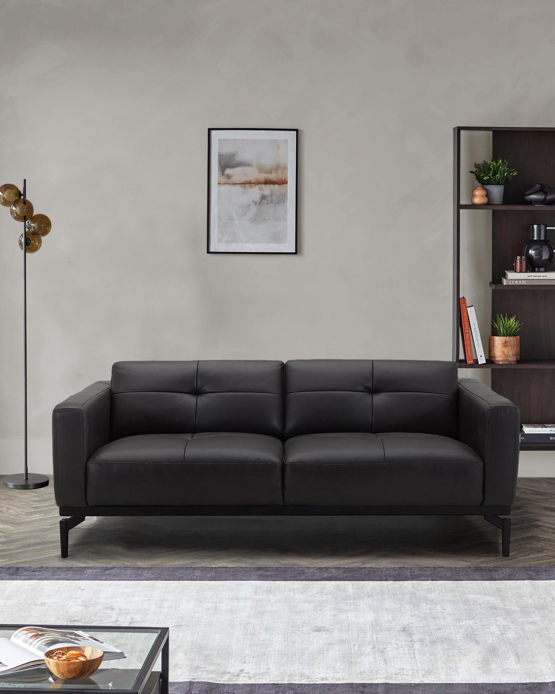 Modern black leather sofa, sleek metal legs, a stylish floor lamp, and a minimalist bookshelf with decor and books.