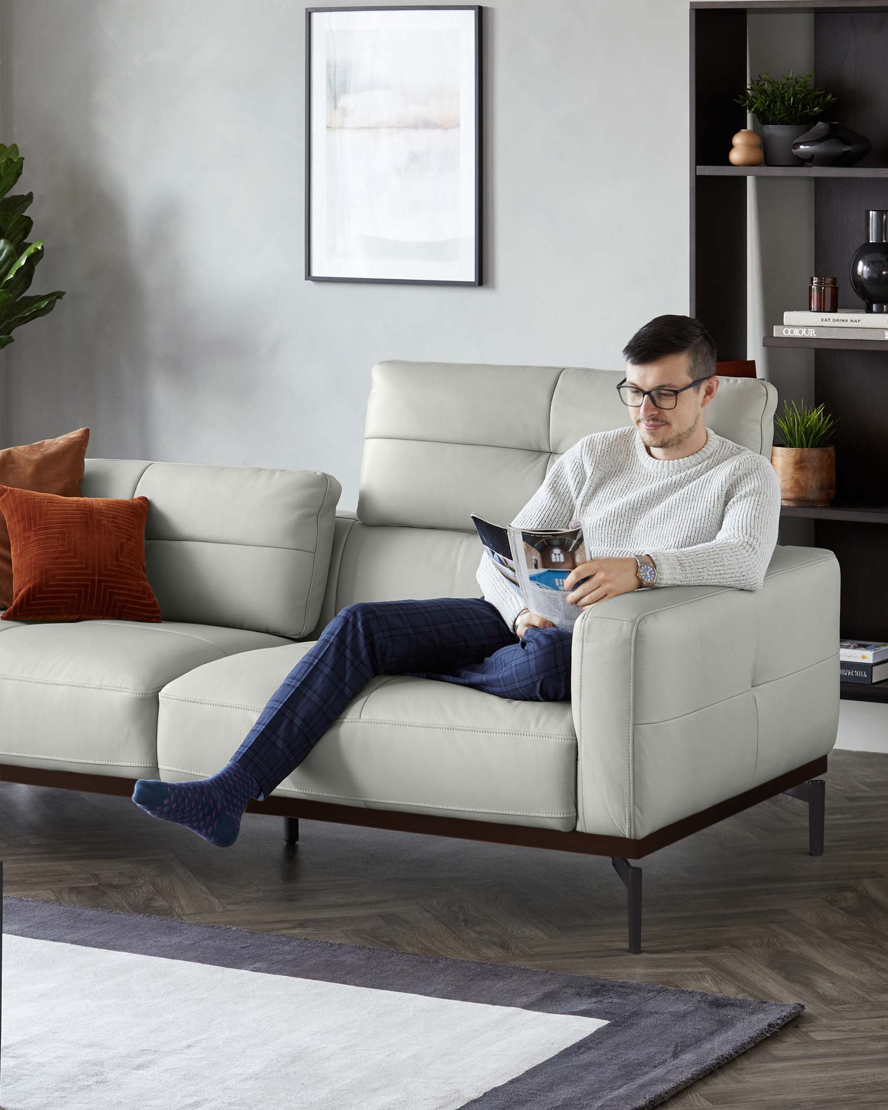 A modern light grey leather sofa with a streamlined design and dark wooden legs, accompanied by a matching loveseat. A dark wooden shelf unit with decorative items adds to the contemporary look.