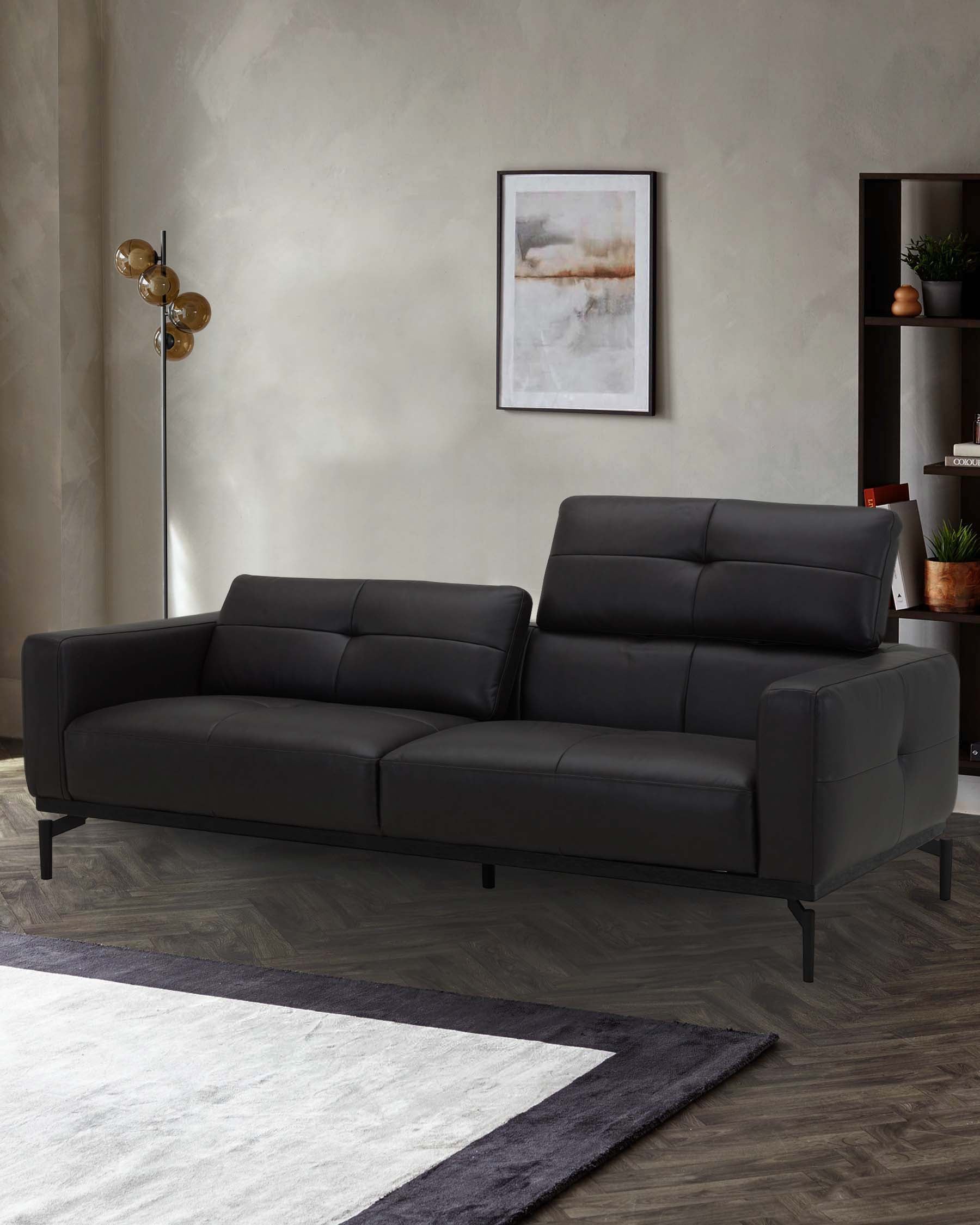 Modern black leather sofa with sleek lines, two plush backrests, a matching area rug, and stylish floor lamp in a contemporary setting.