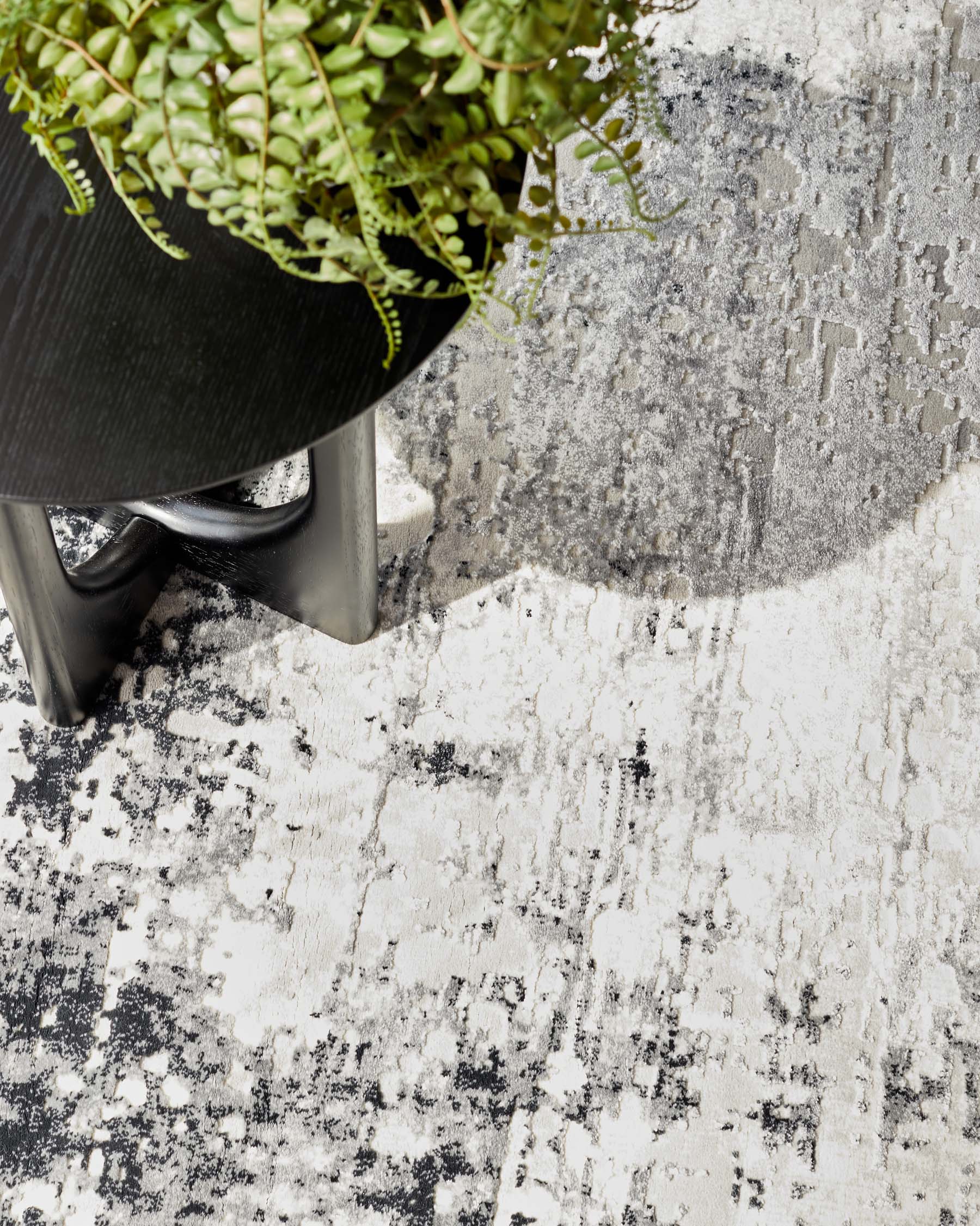 Modern round black side table with sleek legs and a potted plant on top, set against an abstract-patterned area rug in shades of grey and white.