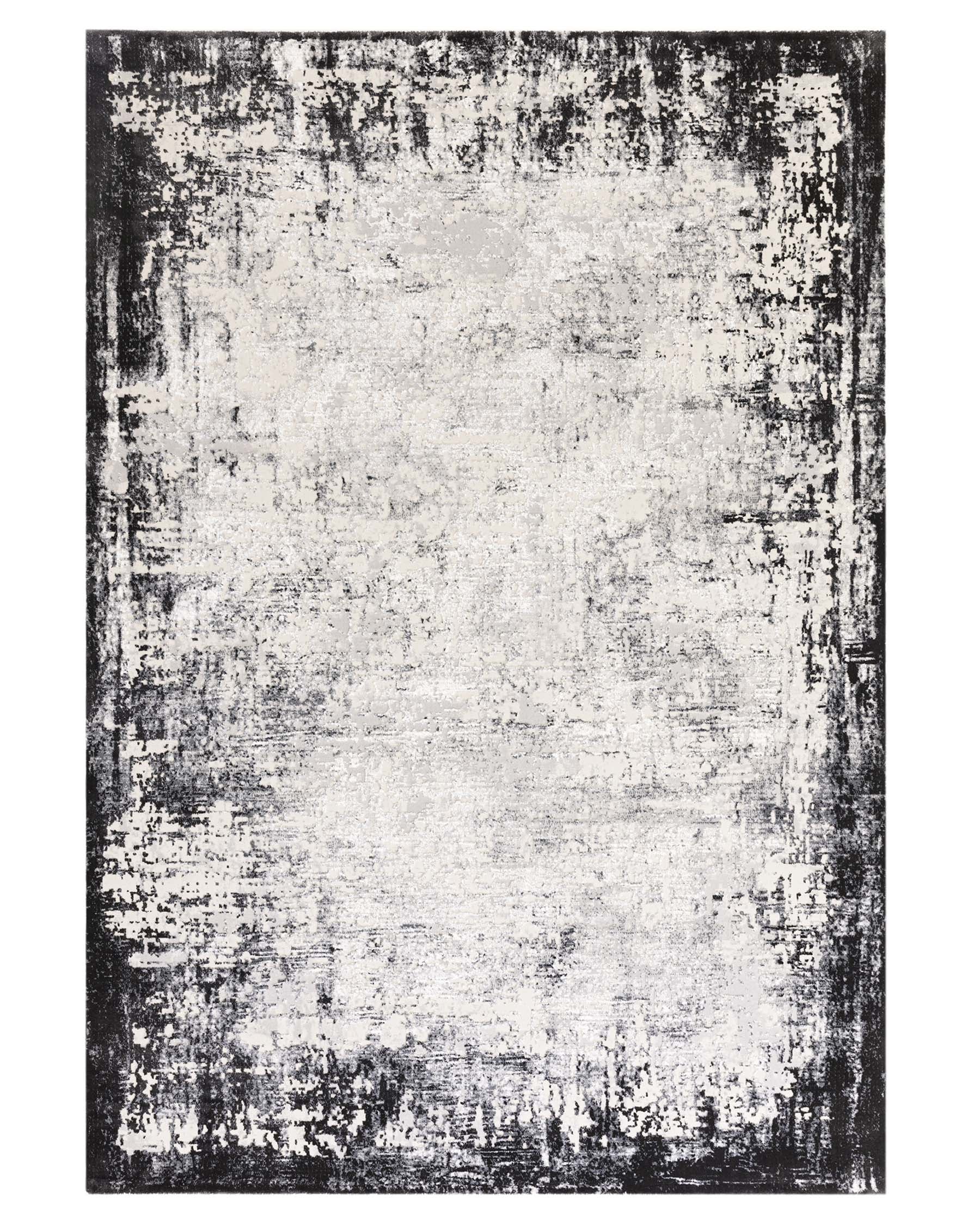 Modern abstract-design area rug featuring a gradient of grey tones with weathered black border detailing, suitable for contemporary interior decor.