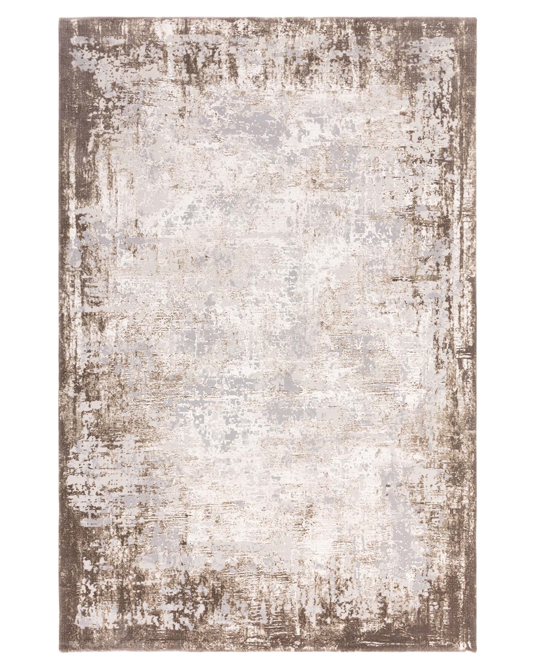 Distressed-style area rug with a blend of beige, taupe, and light grey hues, featuring an abstract, weathered pattern and a soft, textural appearance.